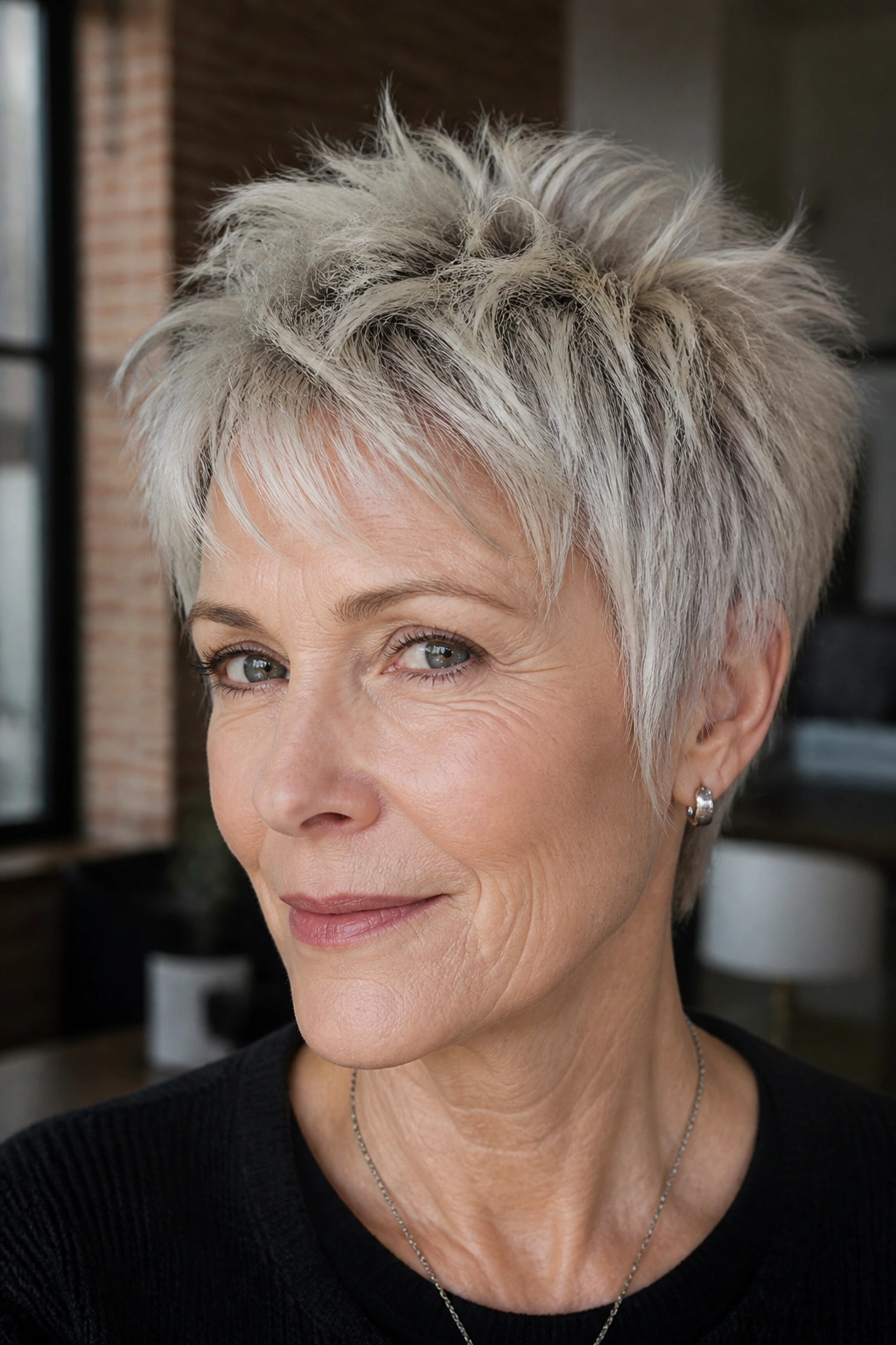 Portrait of a real woman with a piecey shaggy pixie showing texture and layers.