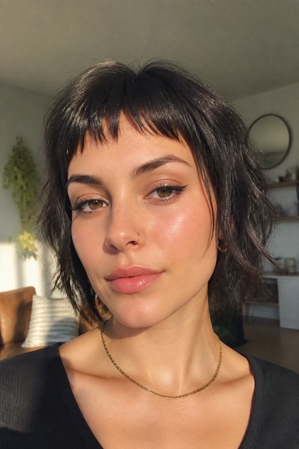 Close-up of a person with piecey shattered baby bangs in bright daylight