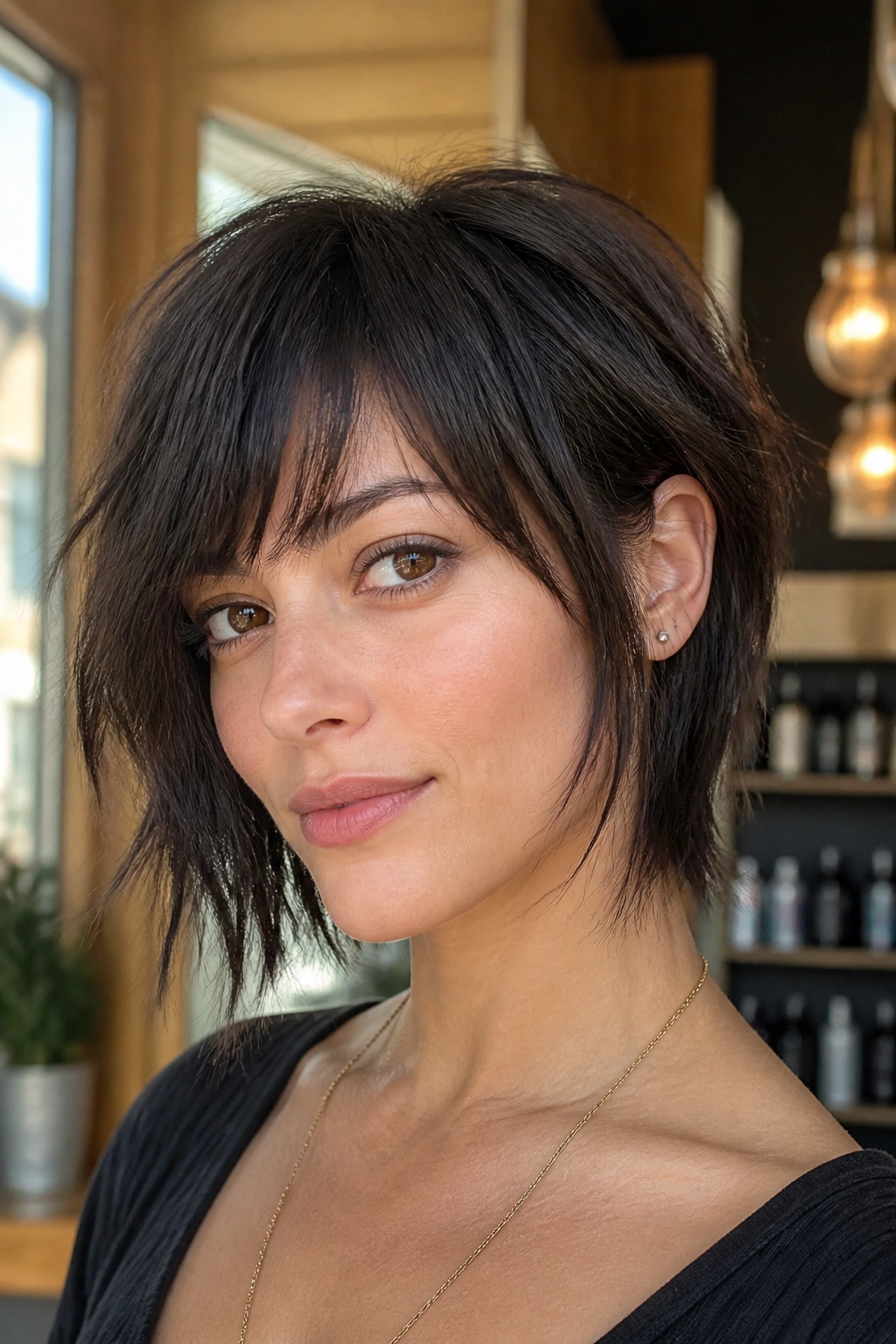 Close-up portrait of a real woman with piecey side-bang shag and diagonal side bangs