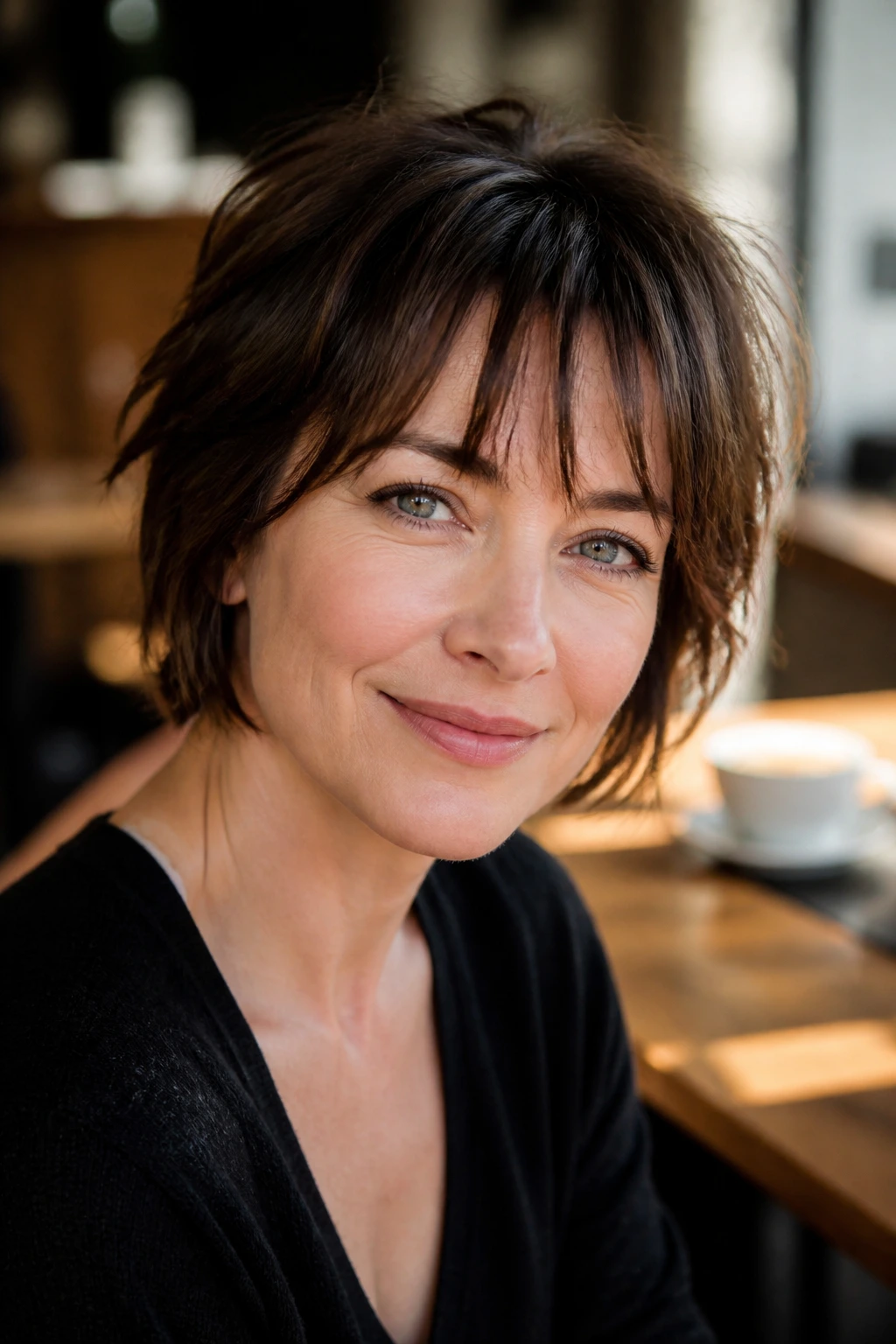 Close-up of a woman with piecey textured bangs in sunlit cafe