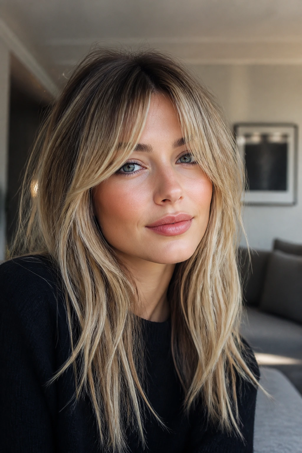 Close-up of a woman with piecey textured curtain bangs in modern lighting