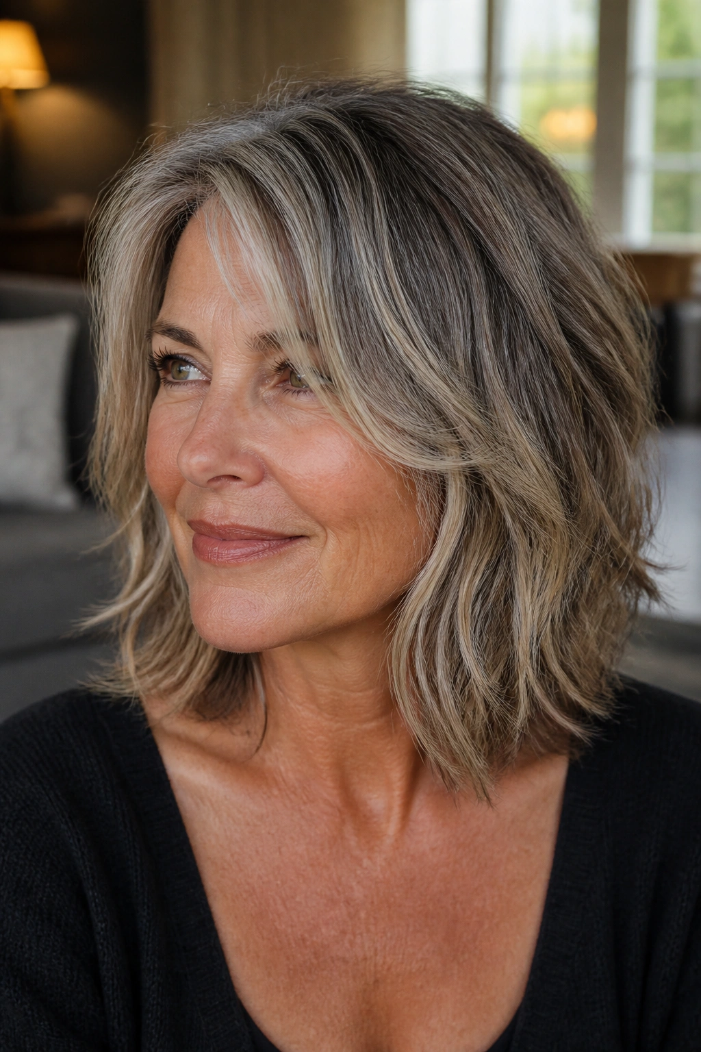 Close-up portrait of a real woman with shoulder-length salt-and-pepper hair displaying piecey textured ends