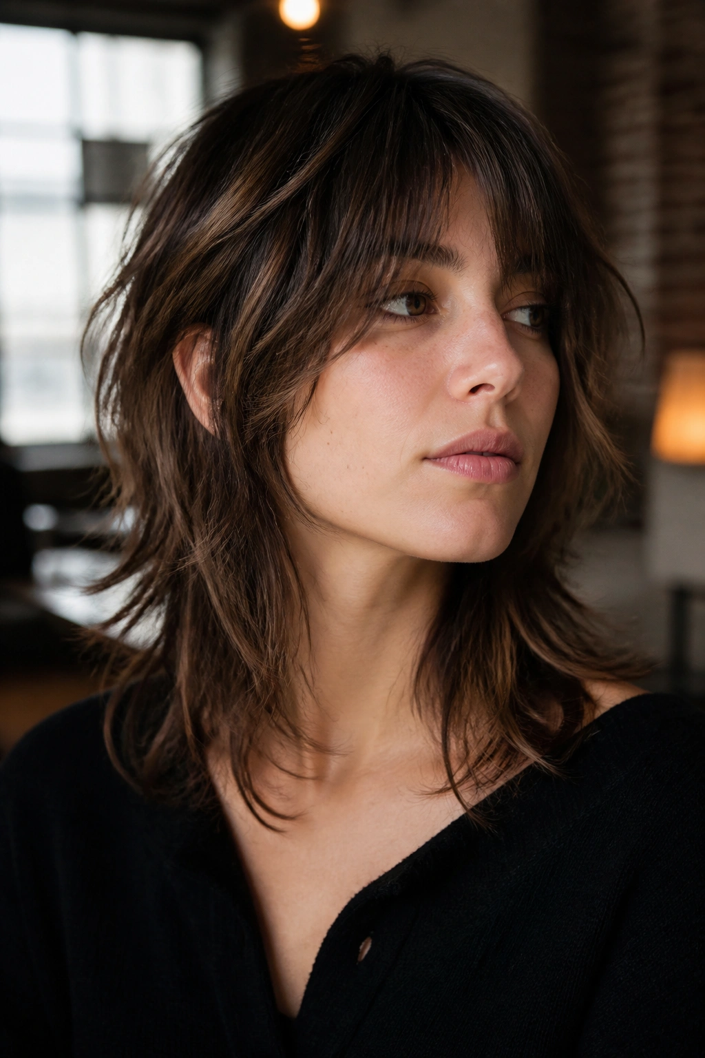 Close-up portrait of a real person with Piecey Wolf Cut showing textured, separated layers.