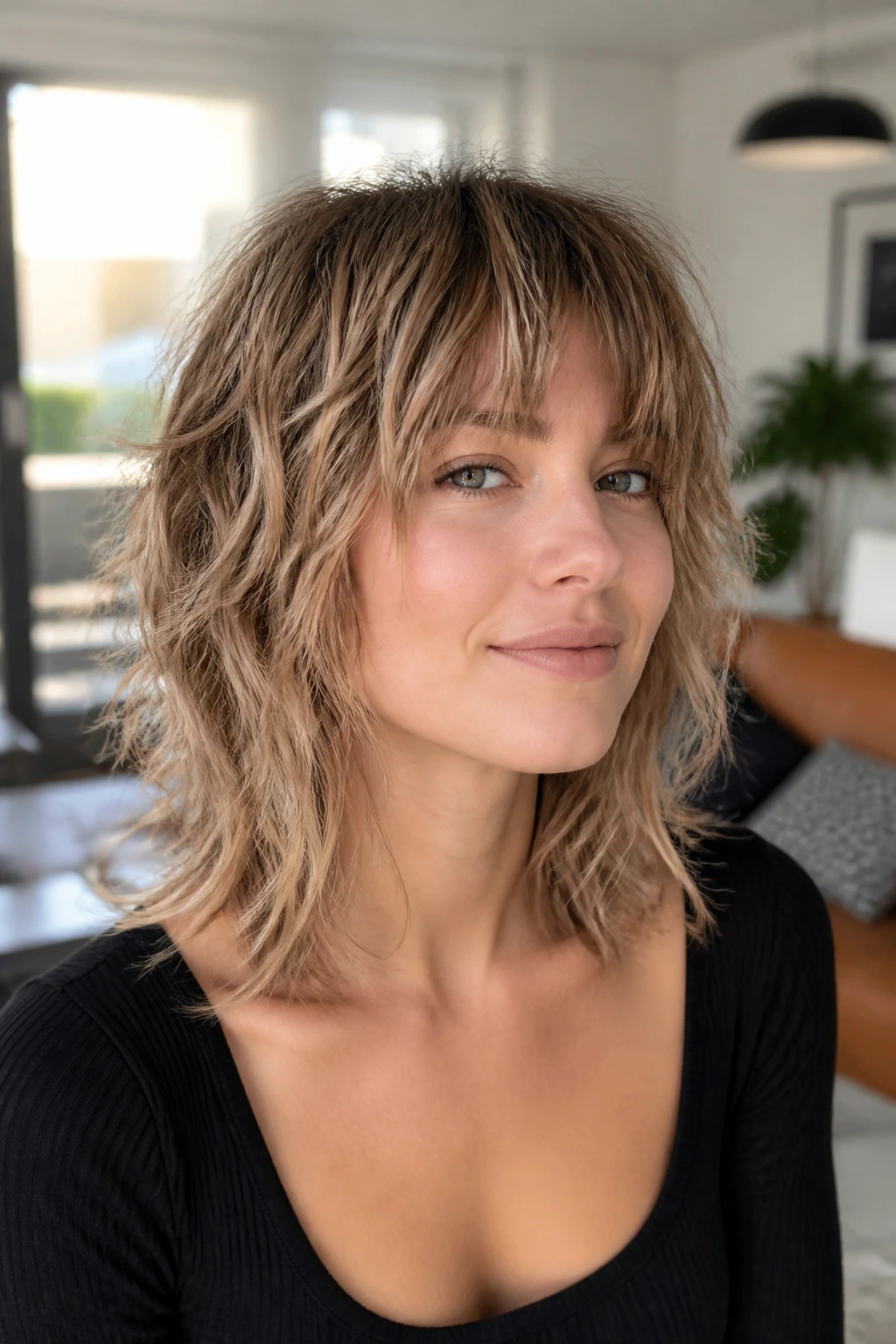 Portrait of a real person with piecey shaggy wolf cut for fine to medium hair.