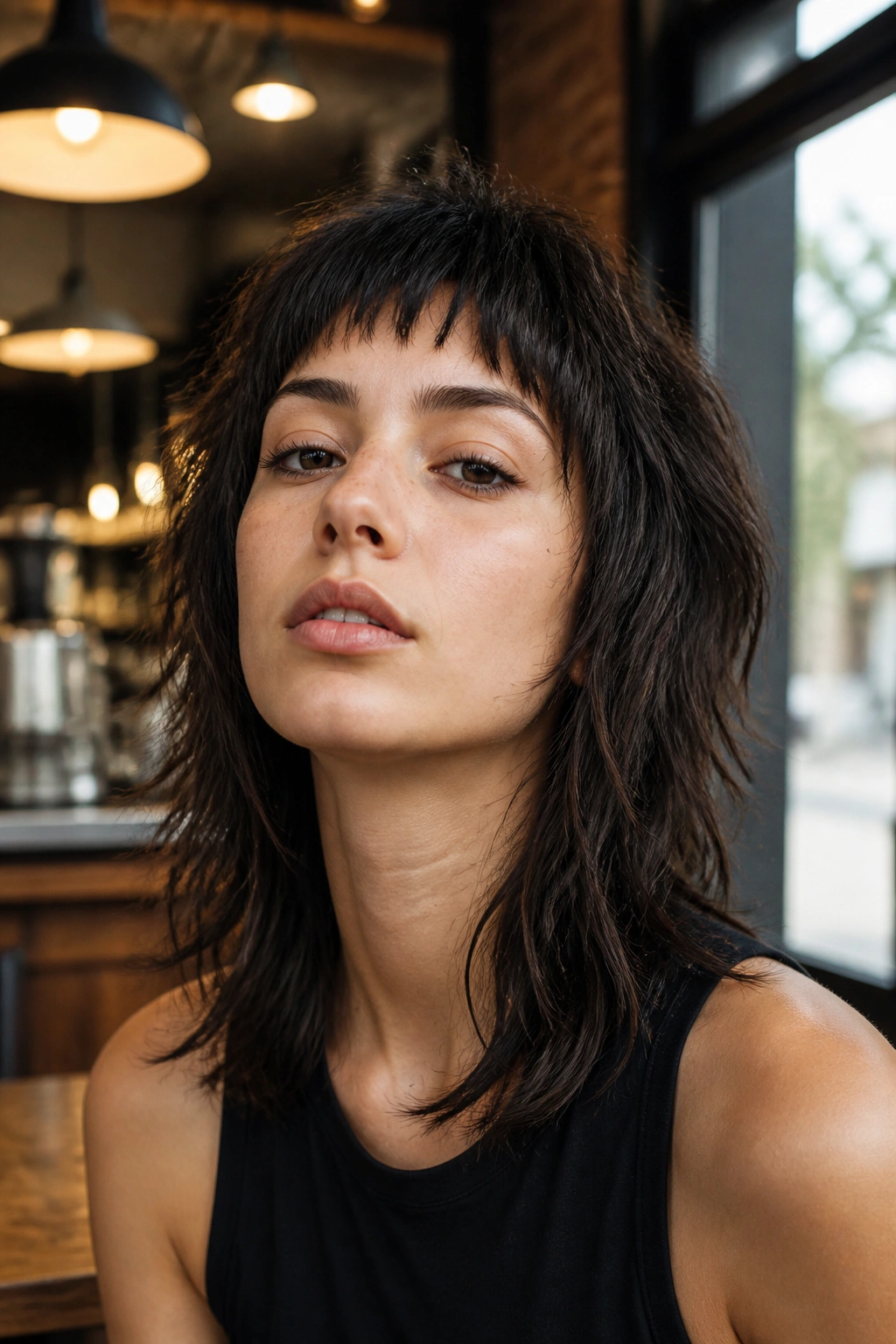 Close-up portrait of a real woman with micro bangs and piecey wolf cut
