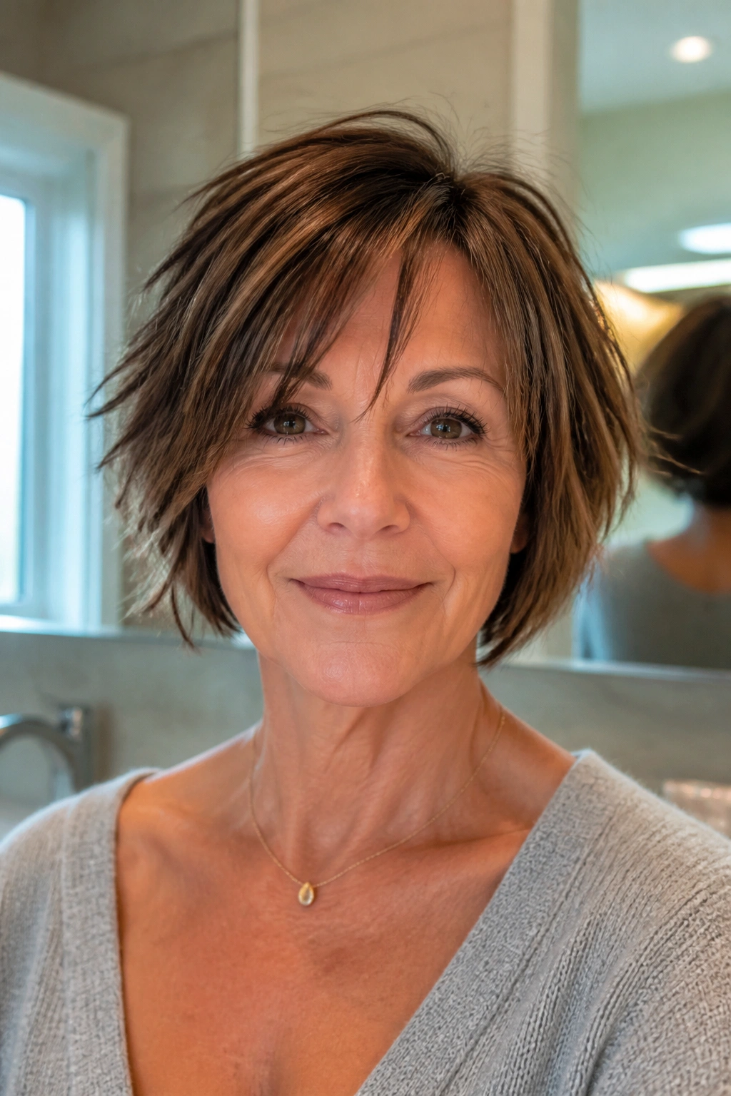 Close-up of a woman with a piecy bob texture around the face