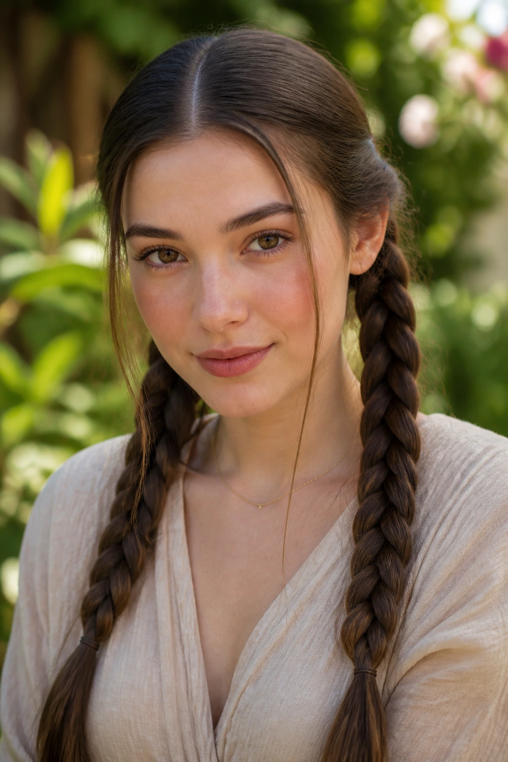 Close-up of a real woman with two pigtail braids in a sunlit outdoor setting
