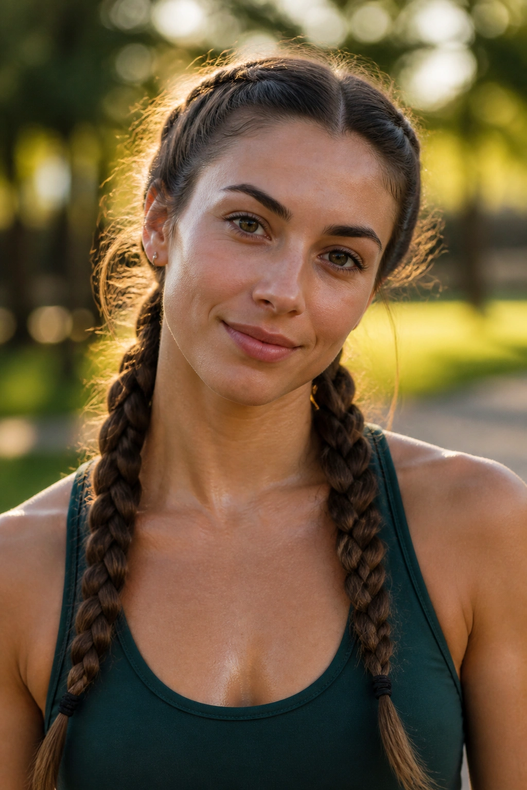 Close-up of a real woman with two pigtail braids