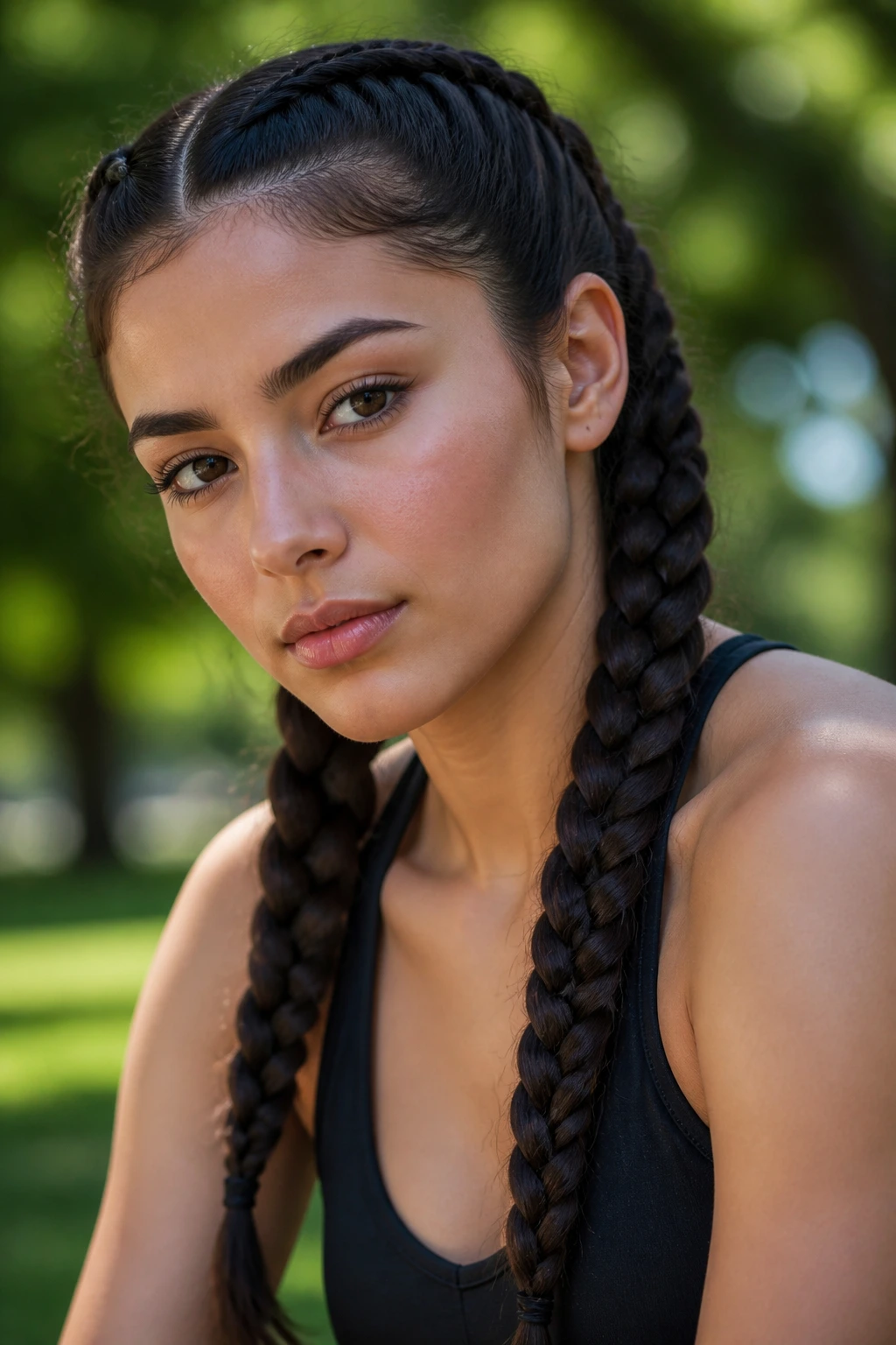 Close-up of two crisp pigtail braids on thick hair