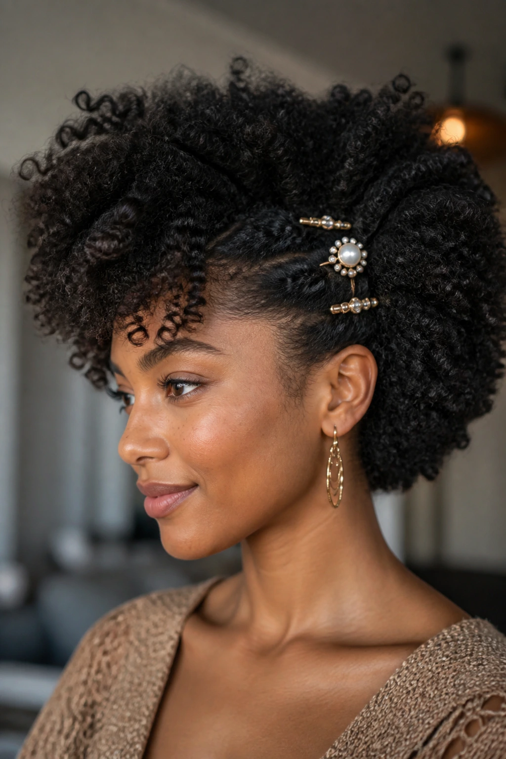 Side-profile of a woman with a pin-back afro and decorative clips.