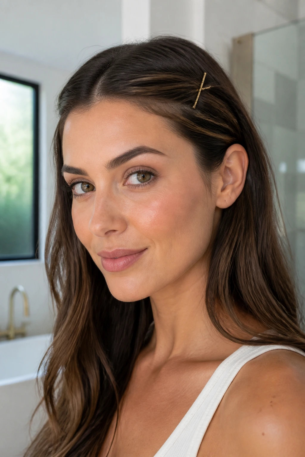 Real woman with front sections pinned back behind ears in an X pattern