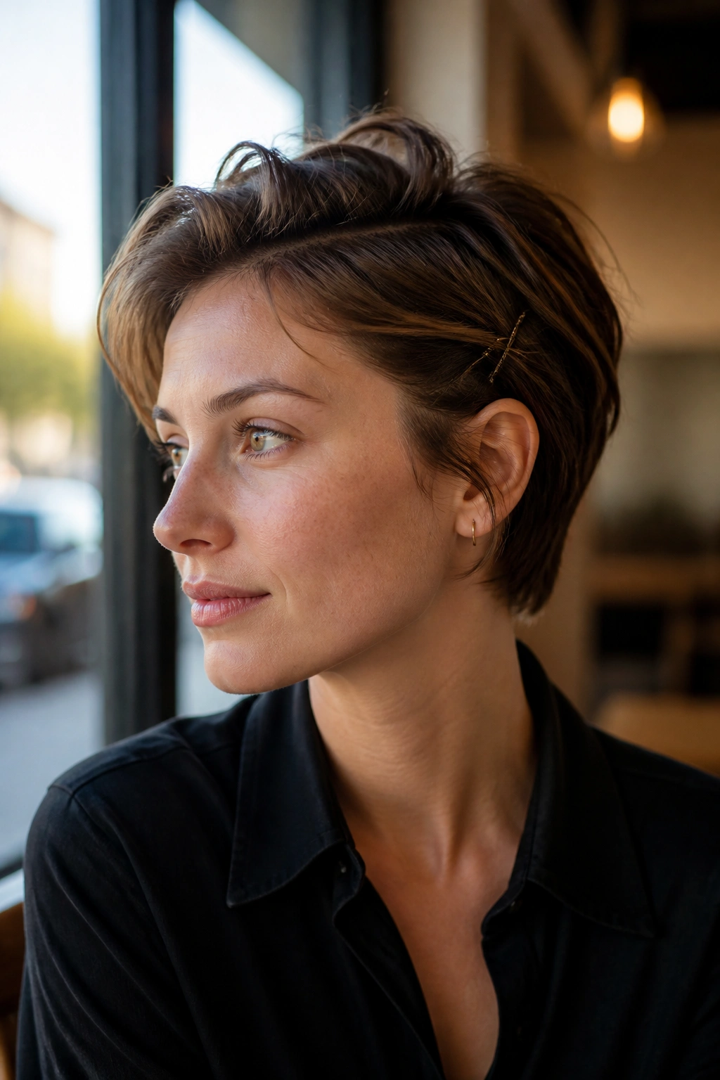Real person with pin-back sides and soft top layer in a cafe