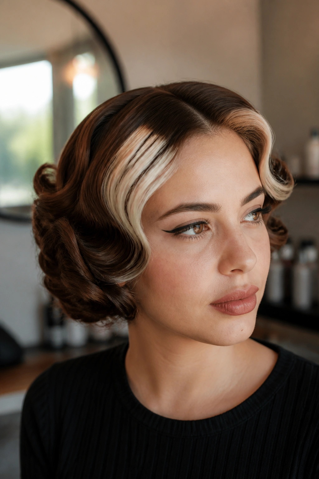 Close up of a real woman with a pin curl bob and chunky temple stripes on dark brown hair