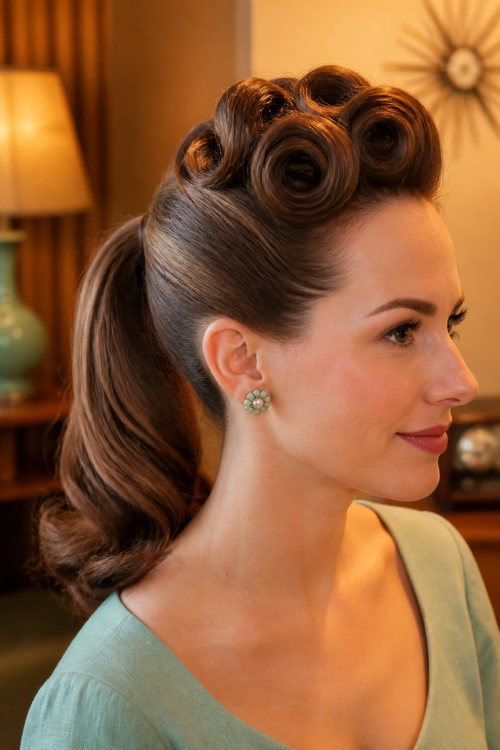 Close-up portrait of a woman with pin curl crown and ponytail