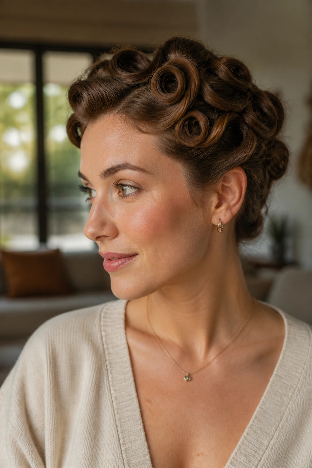 Close-up of Pin Curl-Inspired Updo on a real woman, small rolled sections pinned into a textured updo