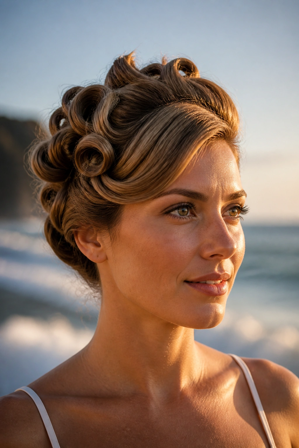 Close-up beach portrait of a woman with pin-curl roll updo and retro edge