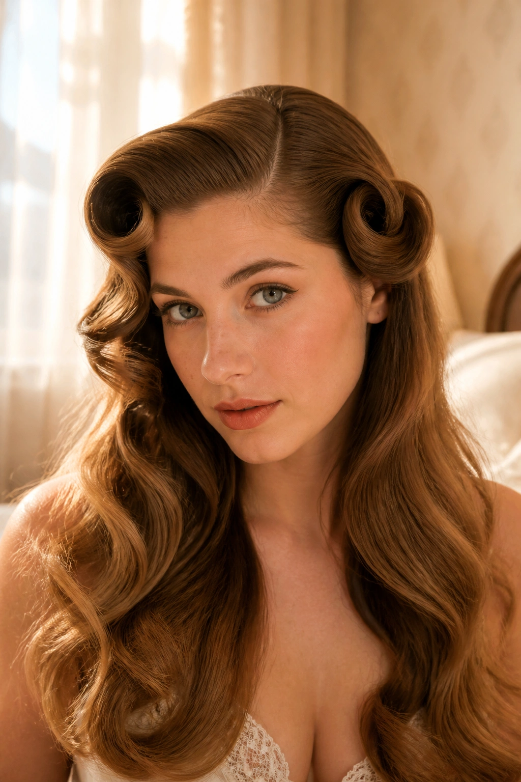 Portrait of a real woman with pin curl waves and deep side part in soft natural light