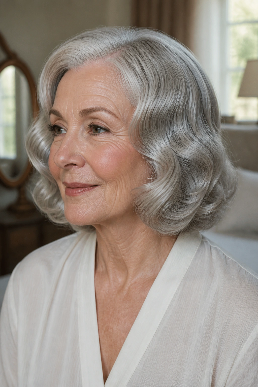 Portrait of woman with defined waves from a pin-curl set on silver hair.