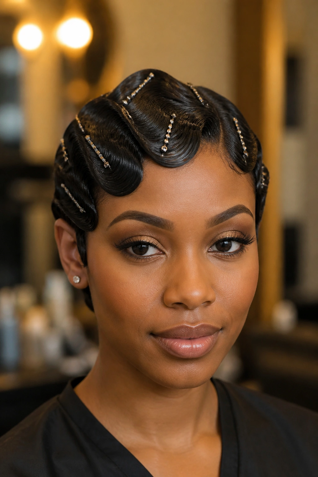 Close-up of pin-curled finger waves secured with pins on a real woman