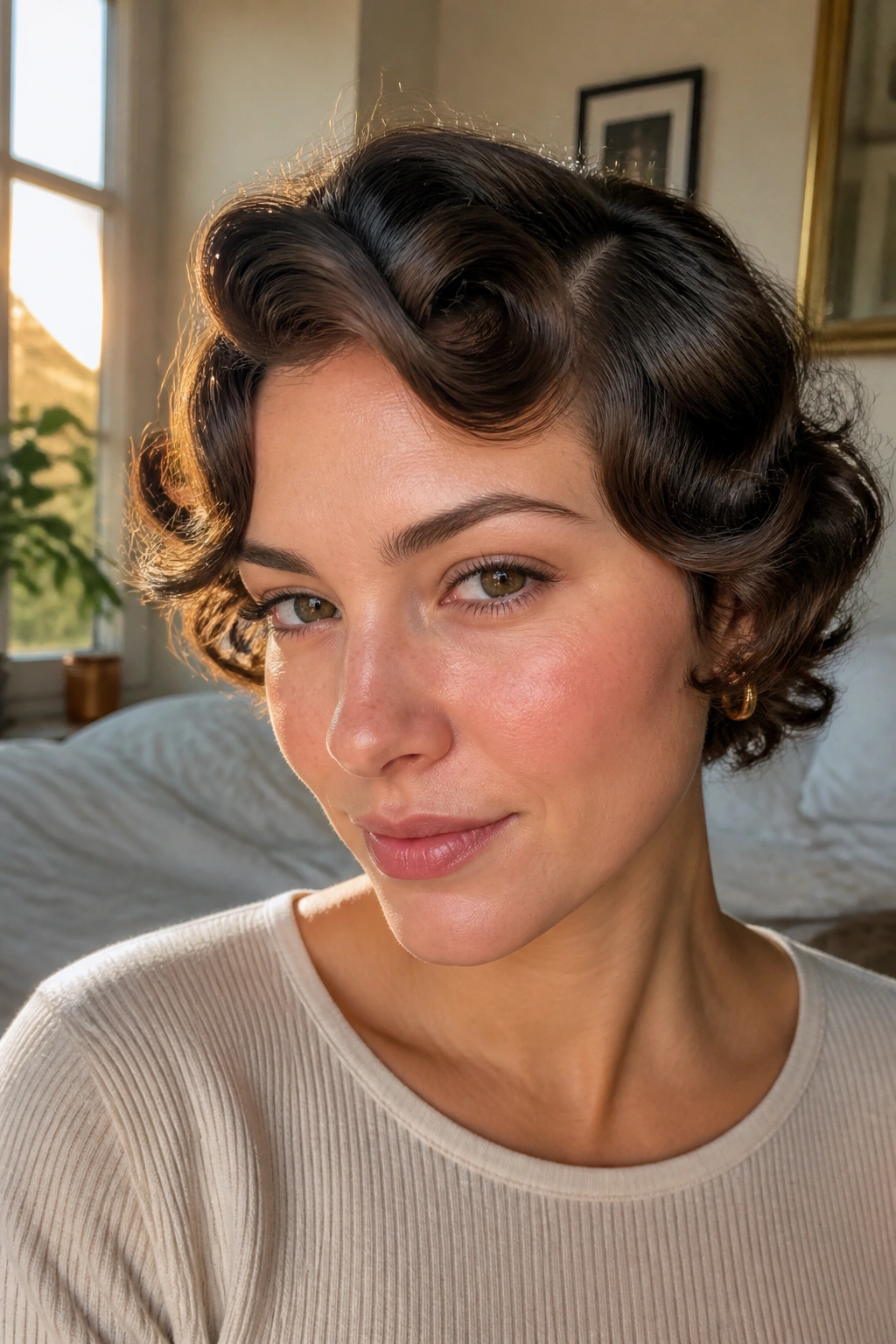 Close-up of real woman with pin-curled short waves