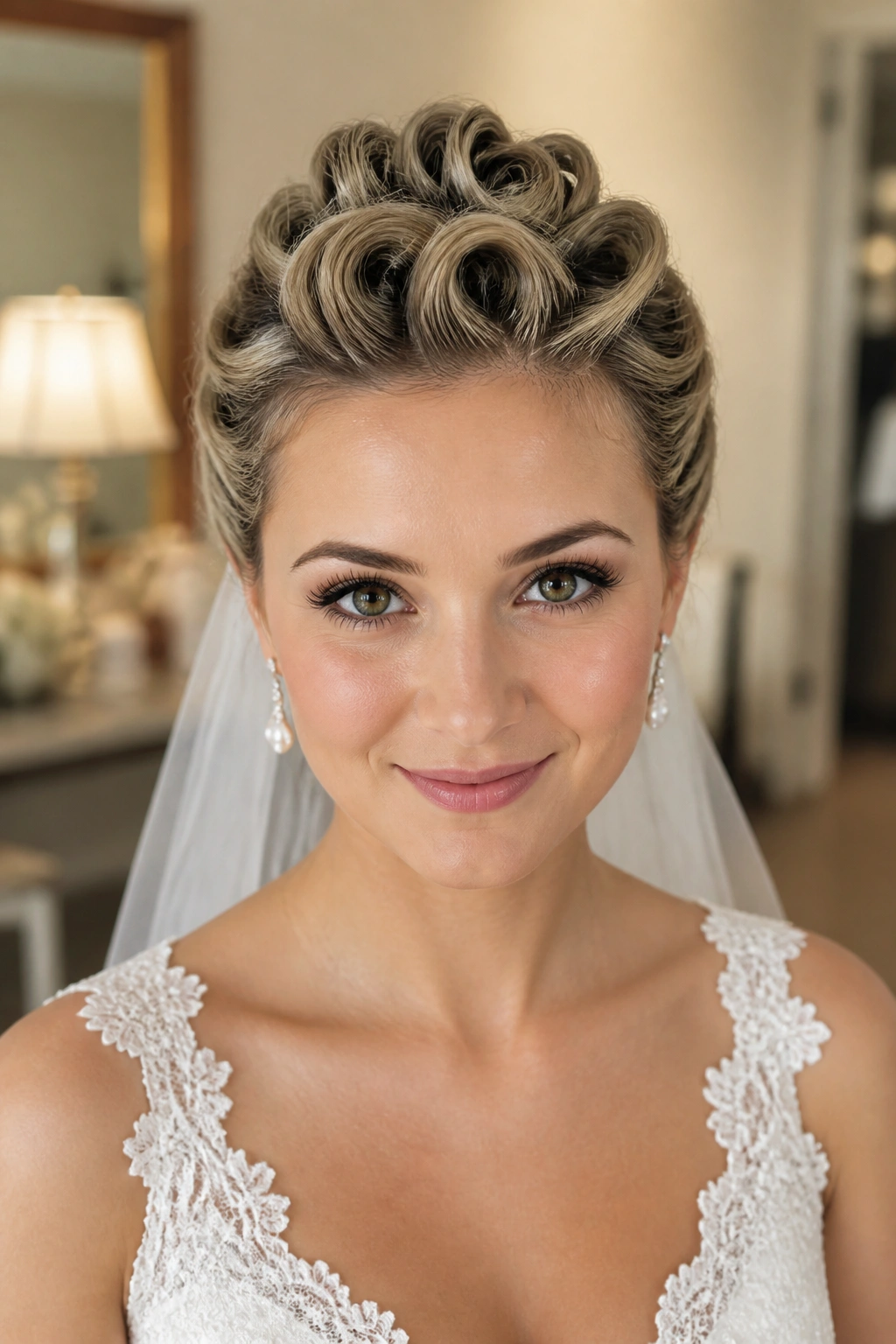 Close-up of pin-curled updo on a real bride