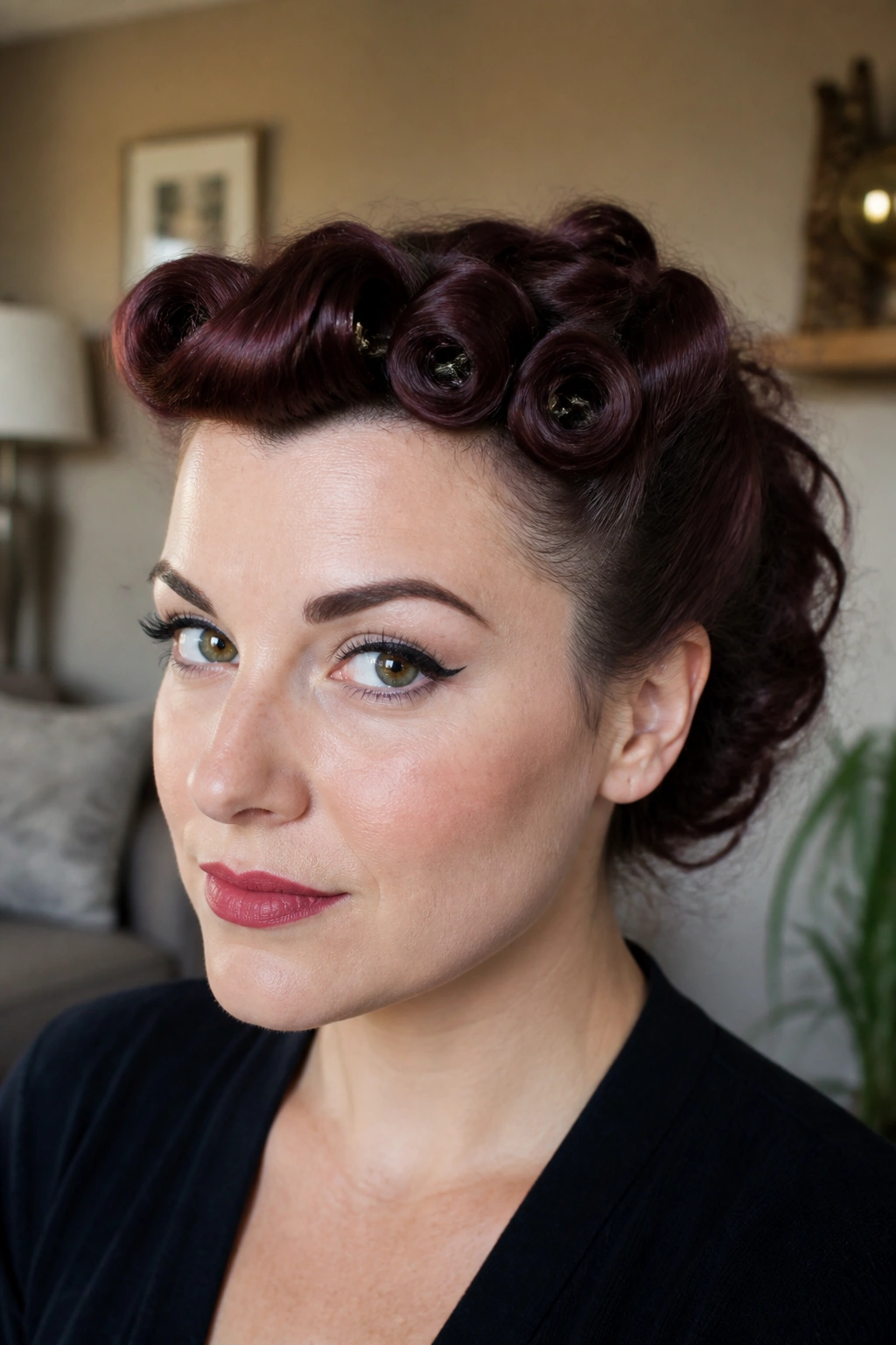 Real woman with pin curl bangs and a clean front roll in warm light.