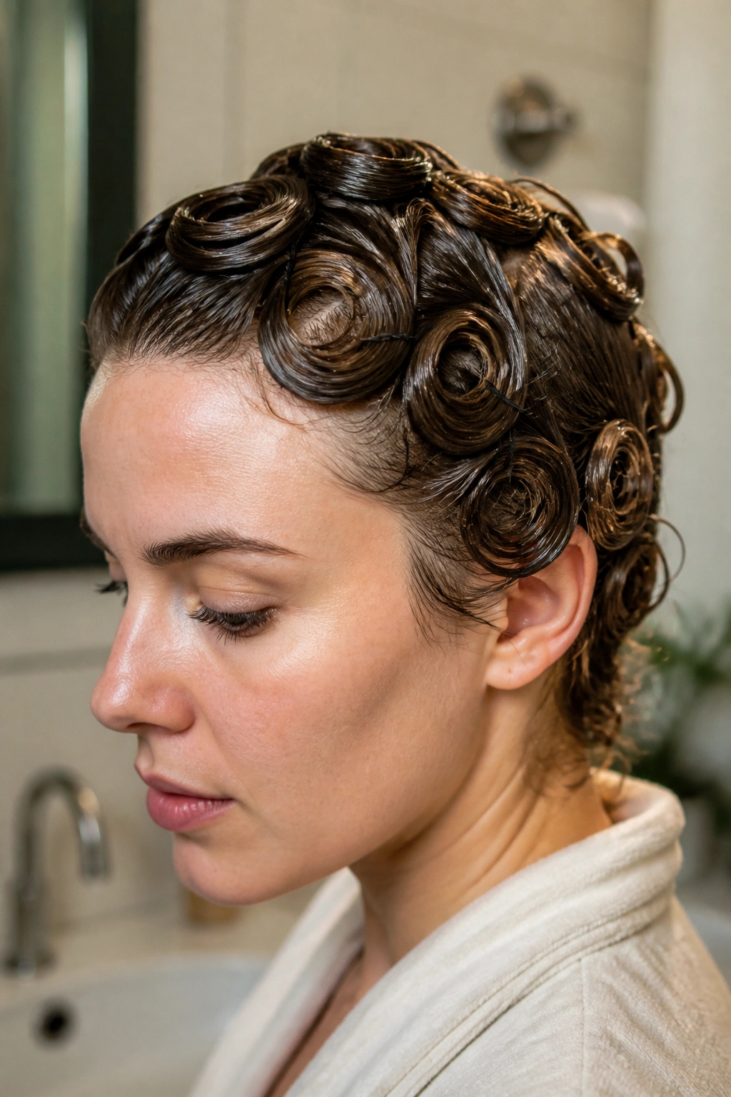 Close-up of real woman with pin curls pinned to the scalp
