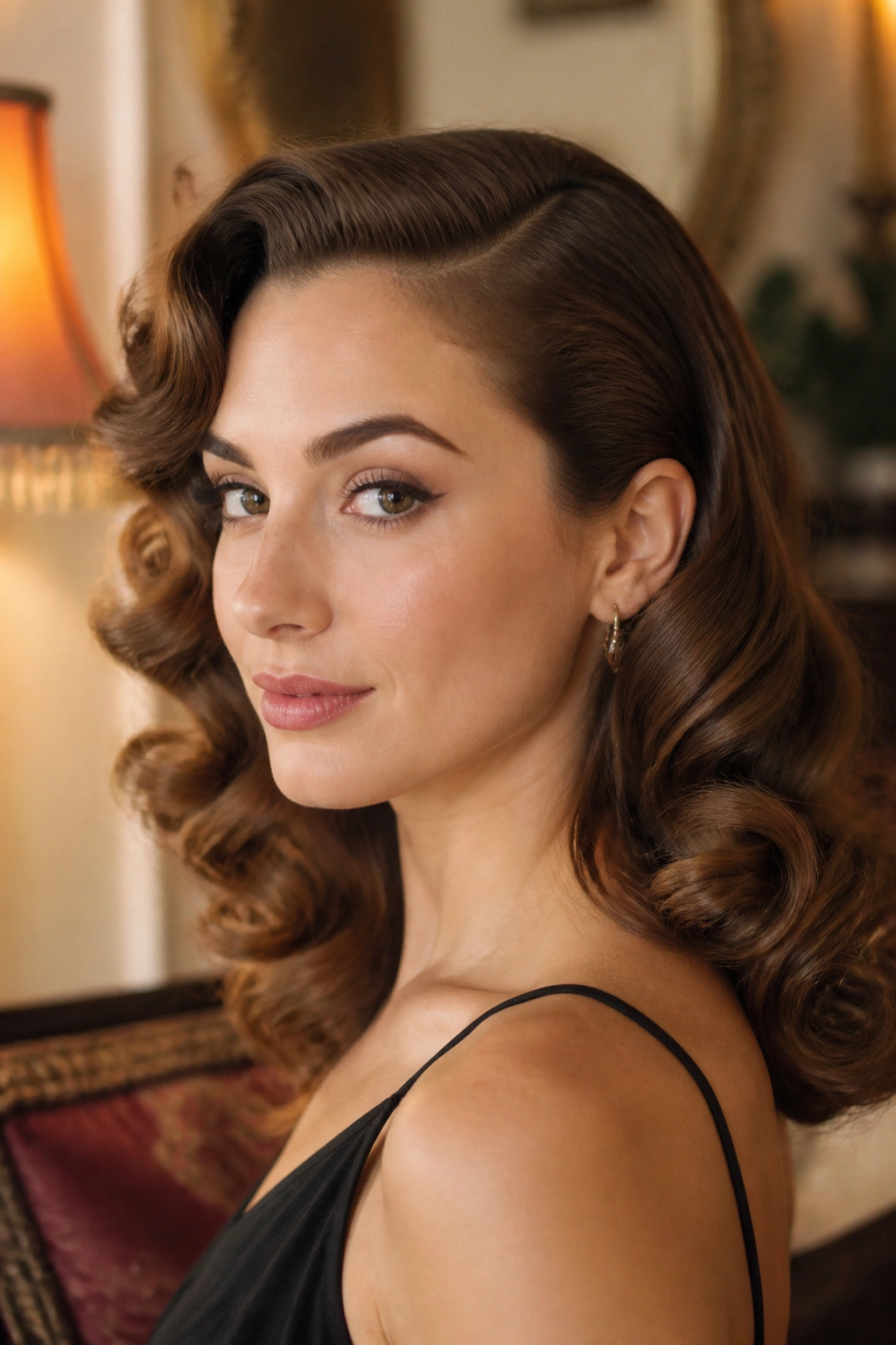 Close-up of a woman with vintage pin curls brushed into soft waves