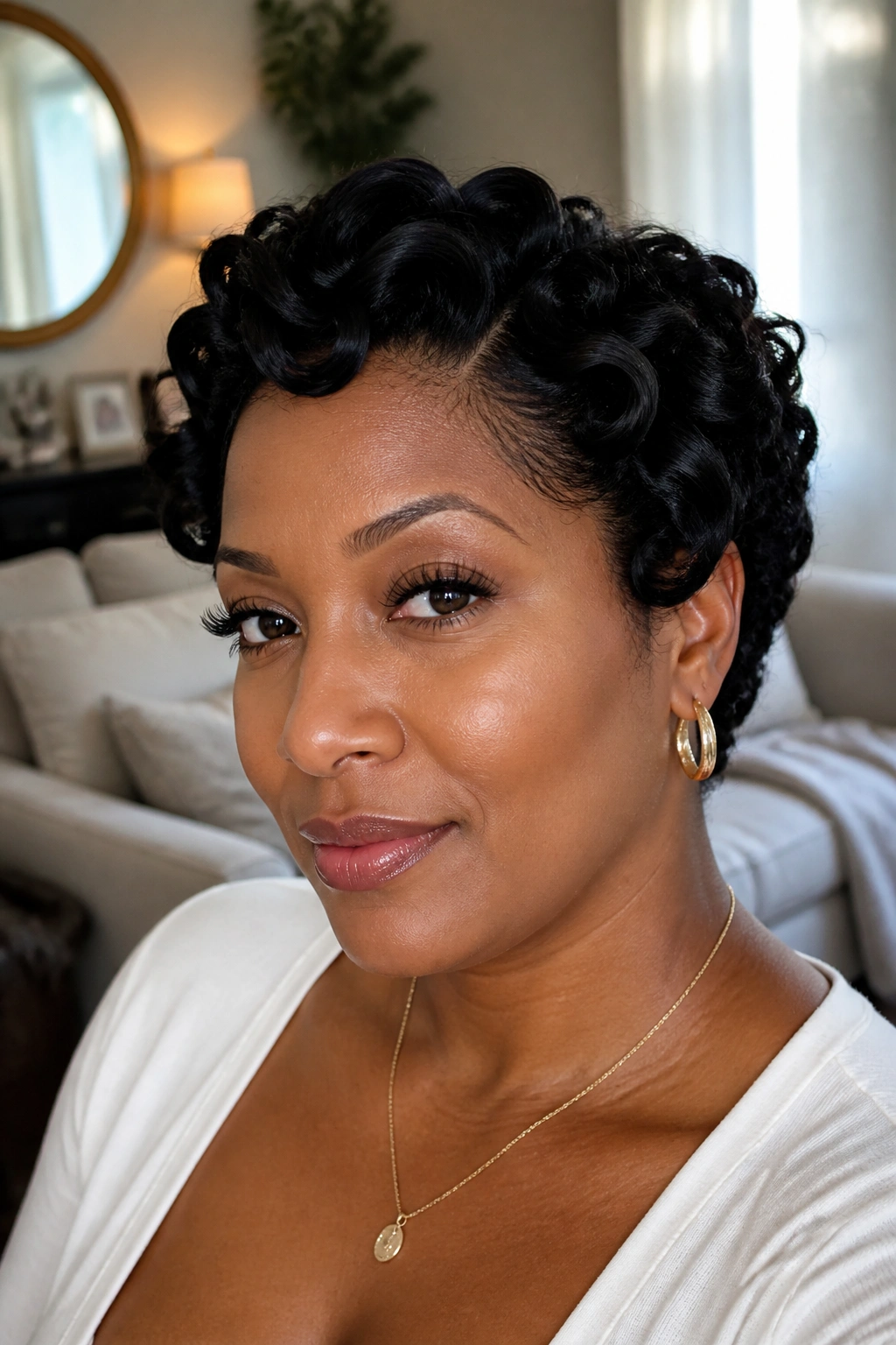 Portrait of a real woman with short relaxed hair styled in vintage pin curls.
