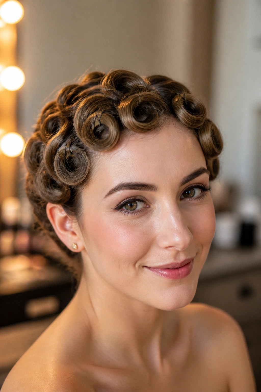 Close-up of short hair with tiny pin curls pinned to the head