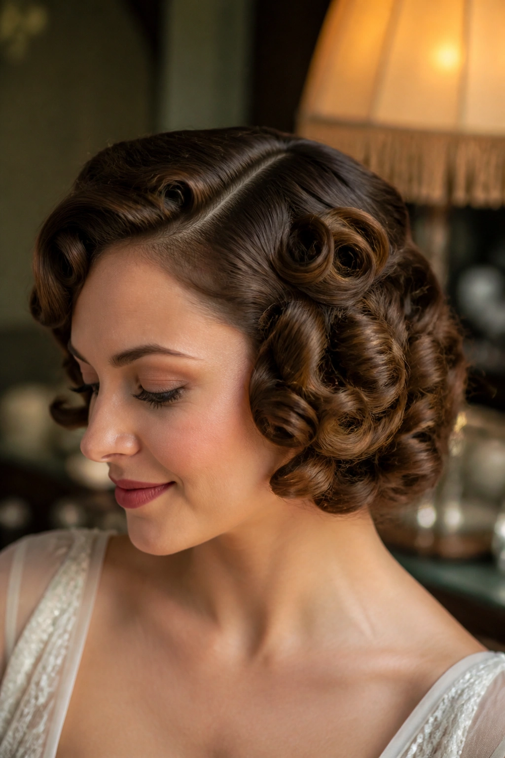 Close-up of a real woman with soft vintage pin curls
