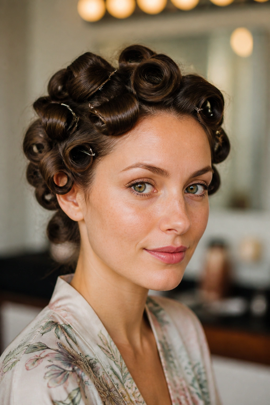 Portrait of a real woman with pin curls arranged at the front