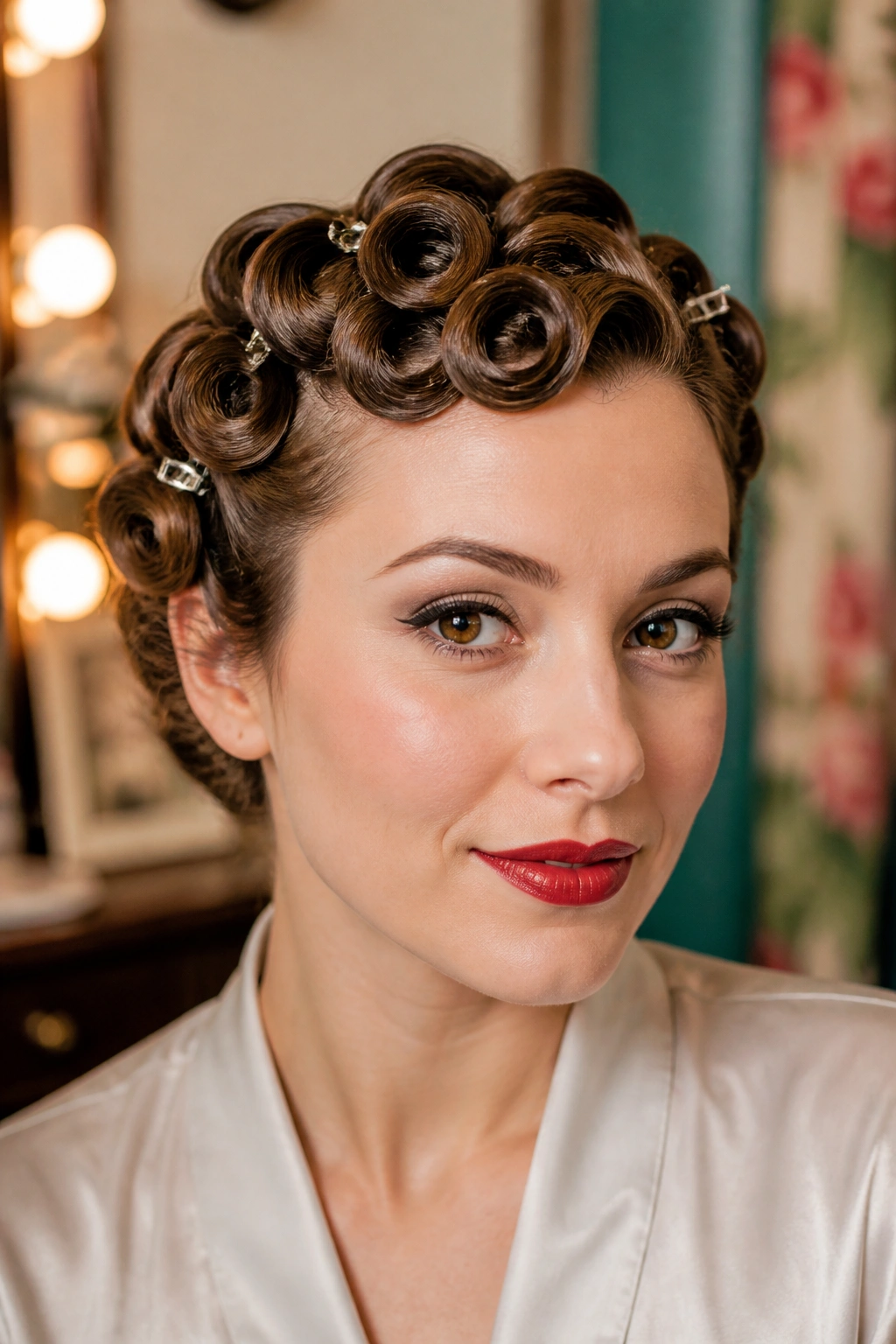 Portrait of a real woman with a vintage pin-curled hairstyle.