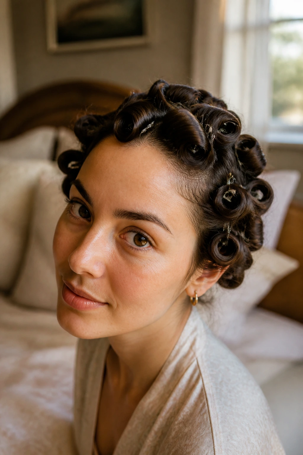 Close-up of a woman with soft pin curls pinned to her head in a cozy bedroom