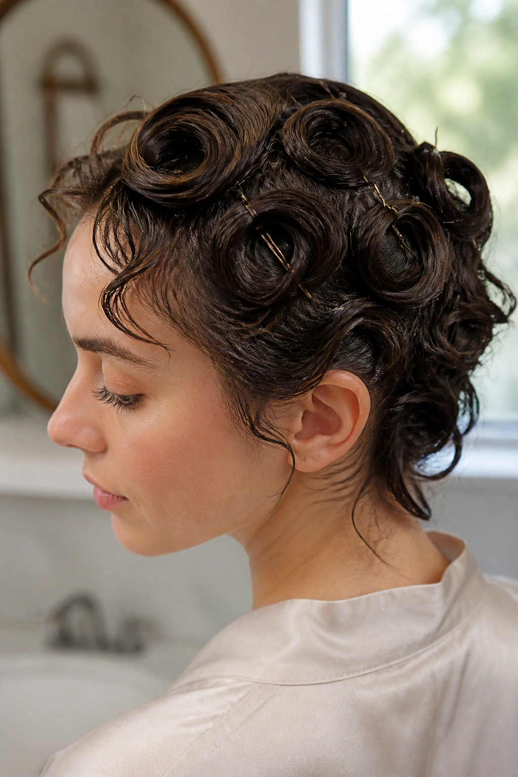 Side-profile view of pin curls pinned near the scalp on a real person