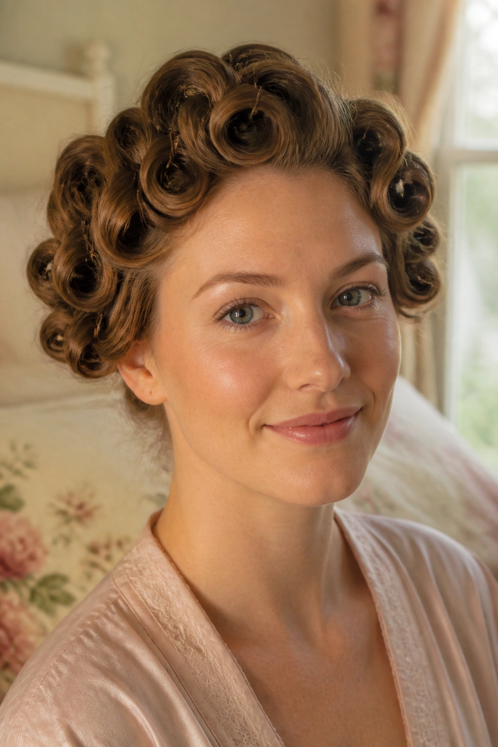 Close-up portrait of a woman with pin-curled waves set overnight in soft morning light