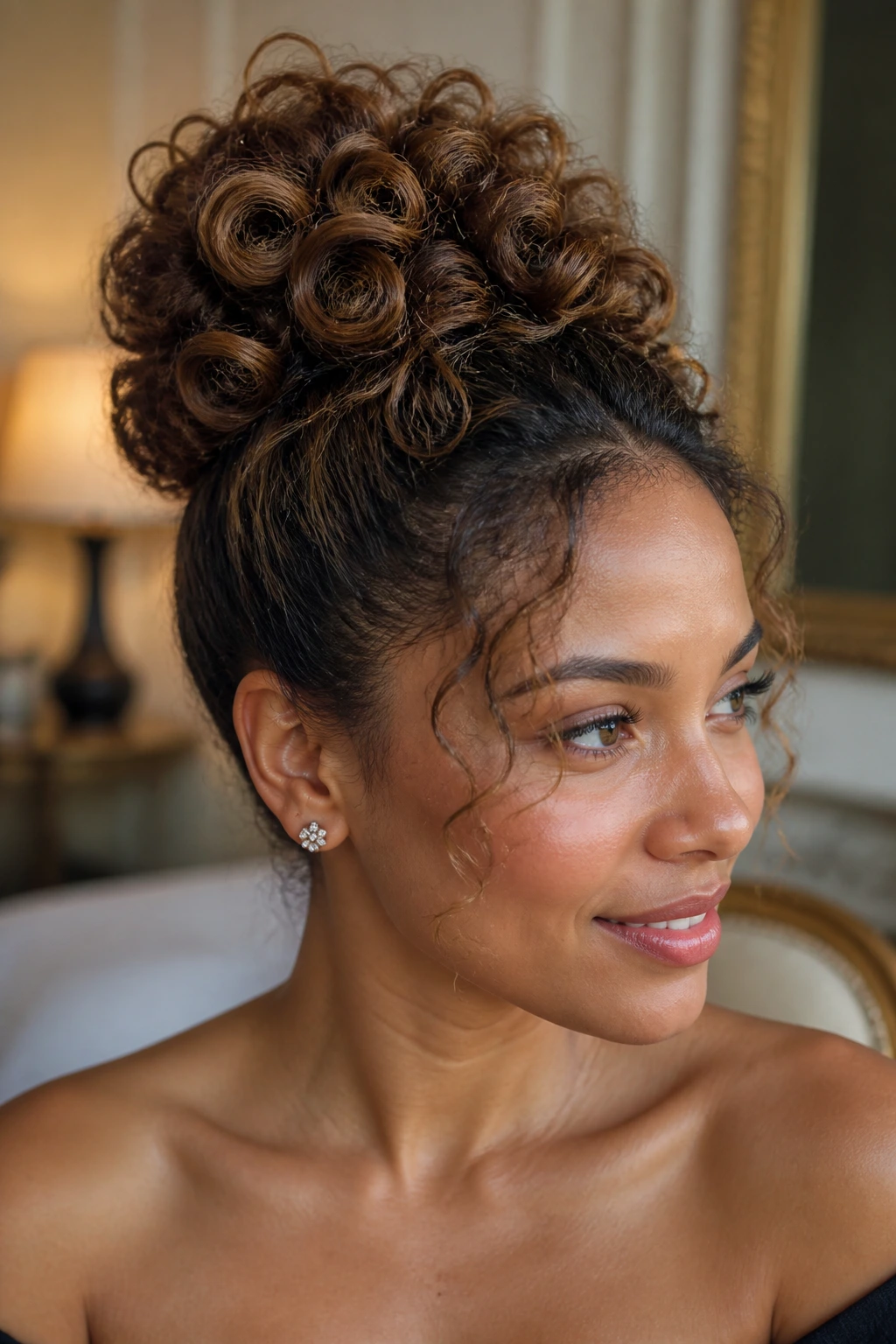 Real woman wearing a pin-cushion curly bun with loops around a center