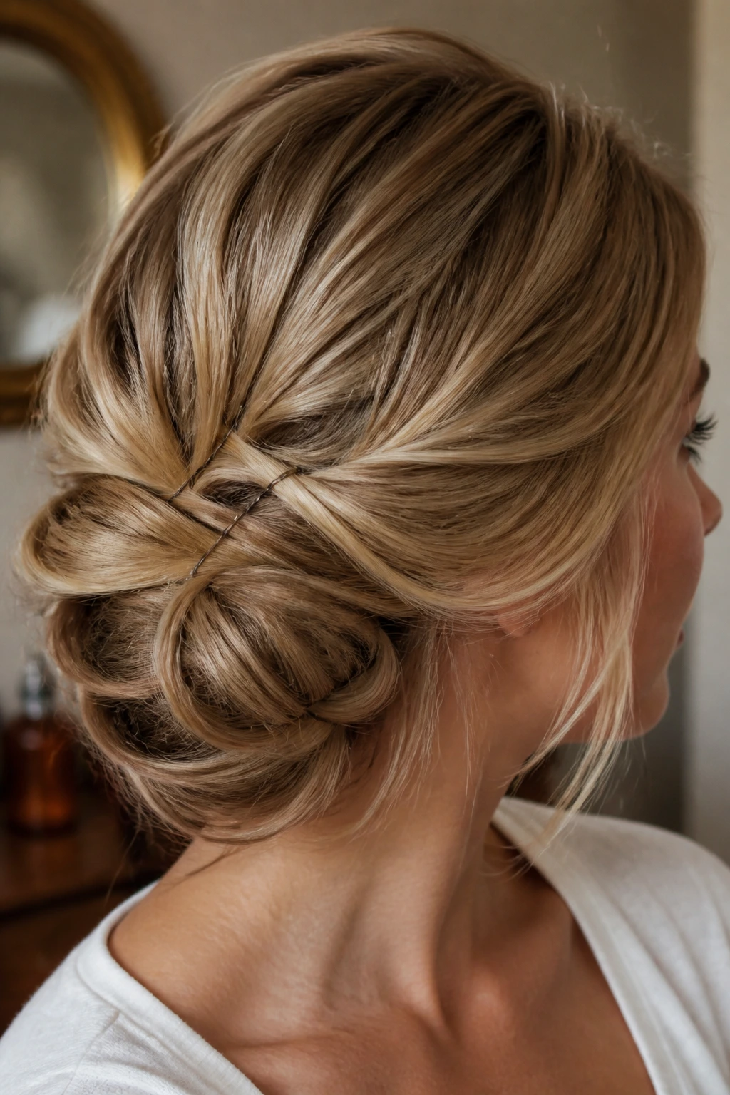 Real woman with a pin-and-tuck side bun secured by pins