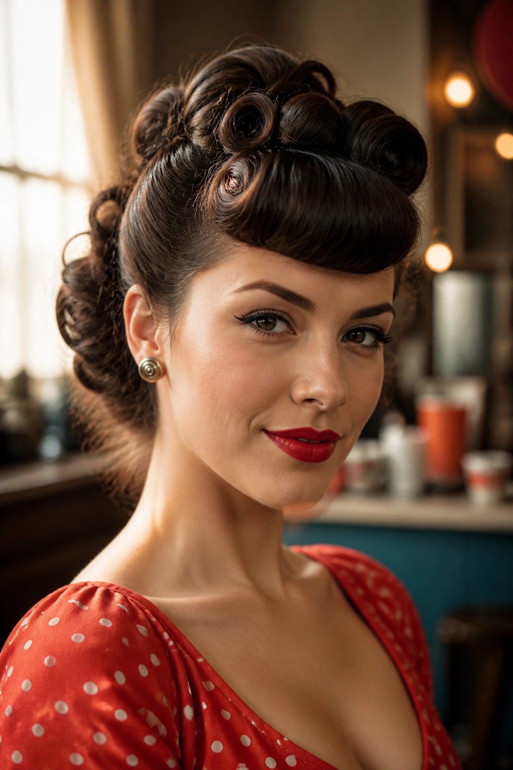 Close-up portrait of a real woman with pin-up roll updo and vintage bangs.