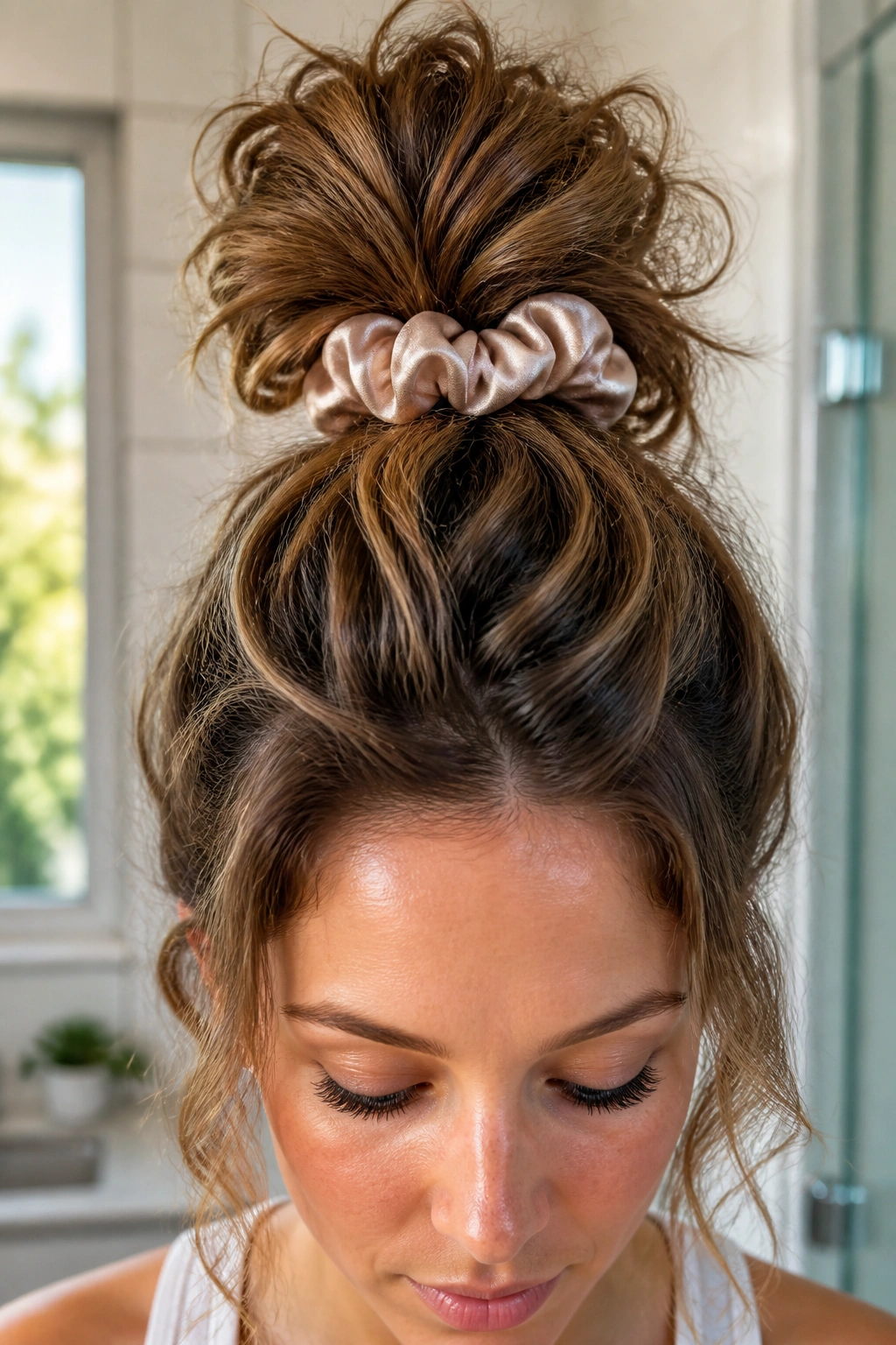 Top view of high pineapple bun with satin scrunchie