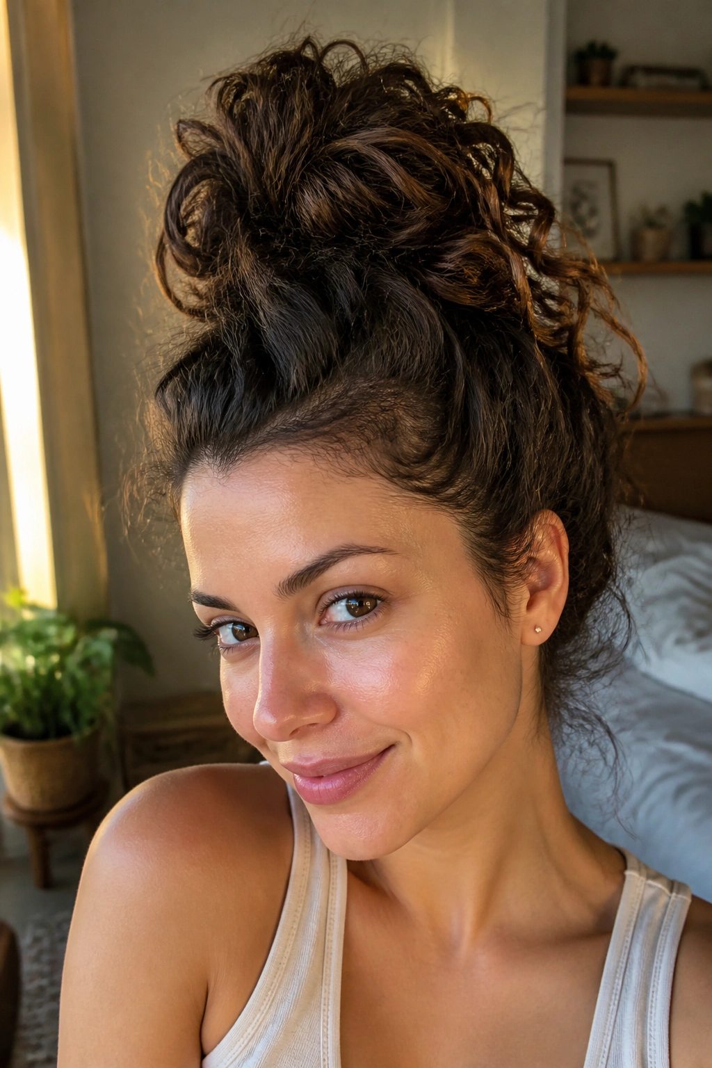Woman with a high pineapple bun preserving wave pattern.