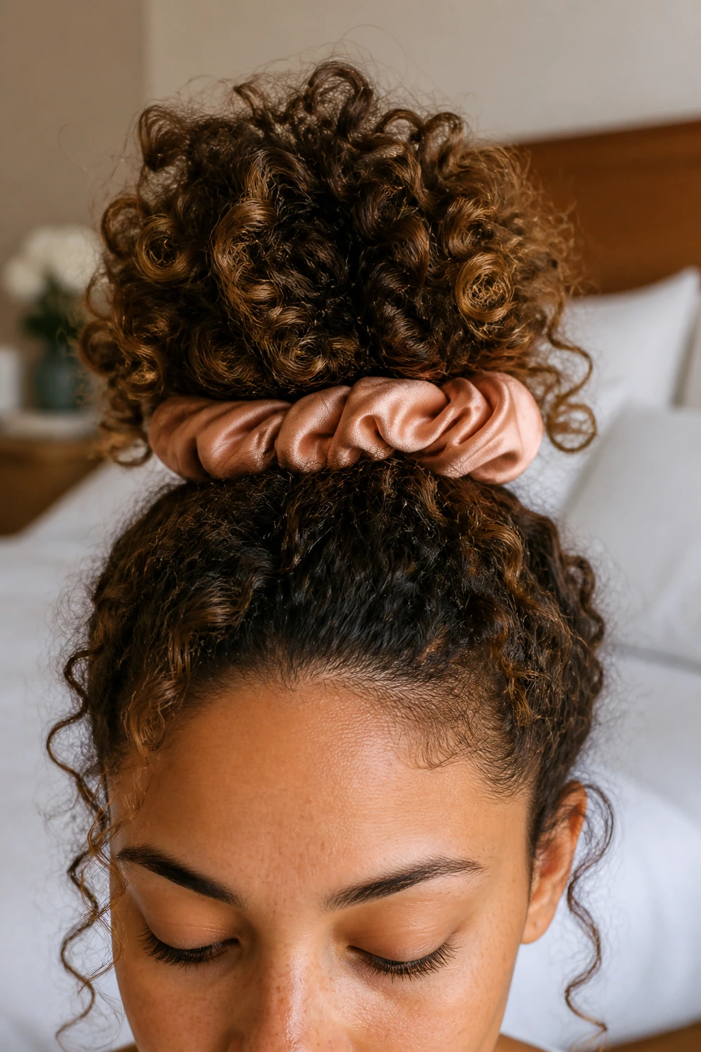Close-up of a real person showing the pineapple hairstyle on top of the head for overnight protection.