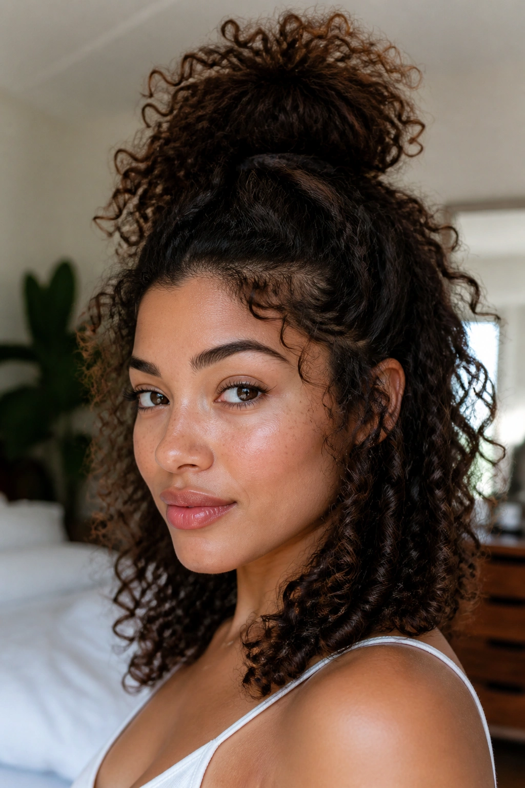 Real woman with pineapple half-up style lifting the crown of day-old curls