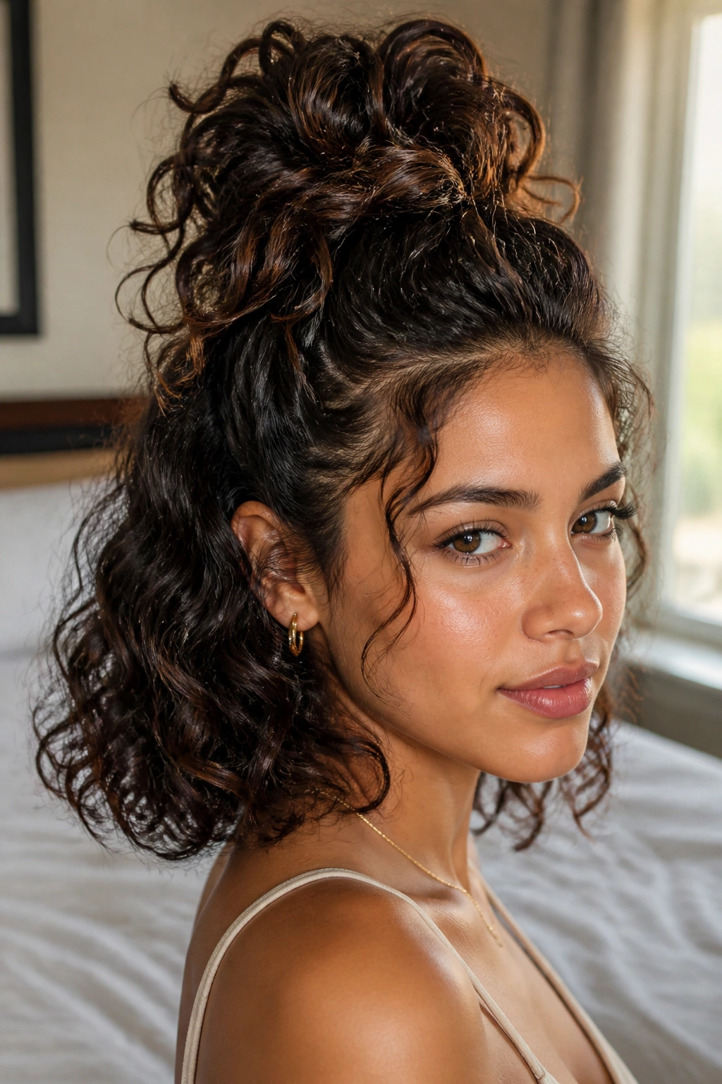 Close-up of a real woman with pineapple half-up hairstyle and shoulder-length curls