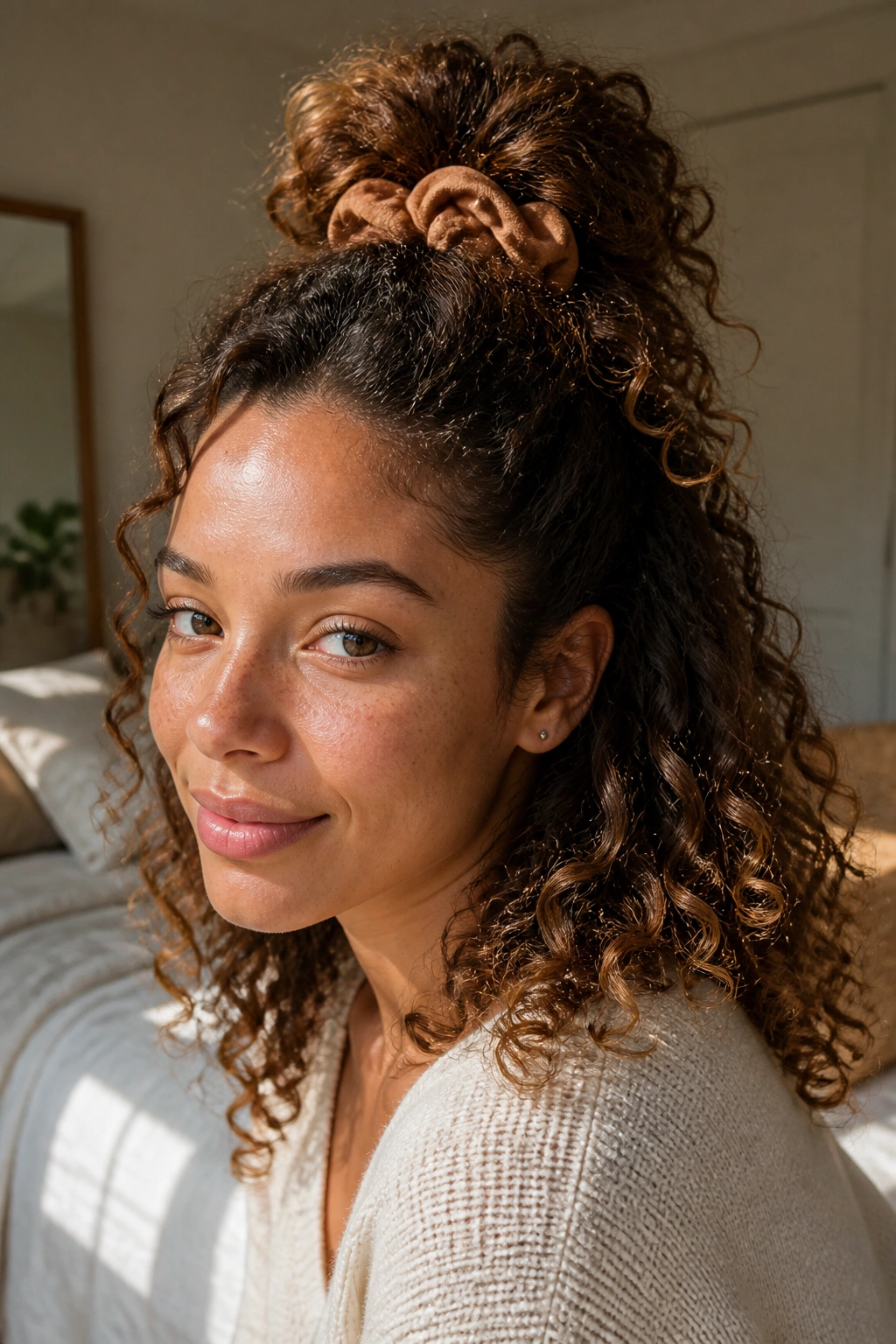 Portrait of person with pineapple half-up hairstyle