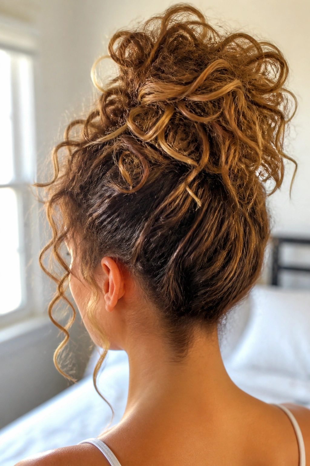 Back view of a real woman with a pineapple pony on the crown