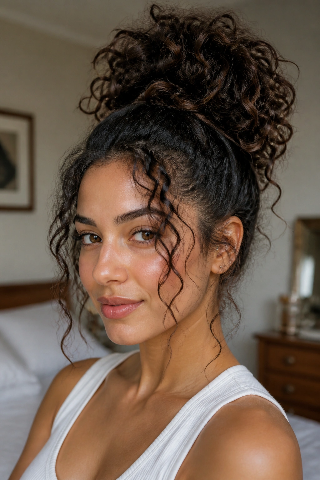 Close-up portrait of a woman with a high pineapple ponytail and face-framing pieces under natural window light