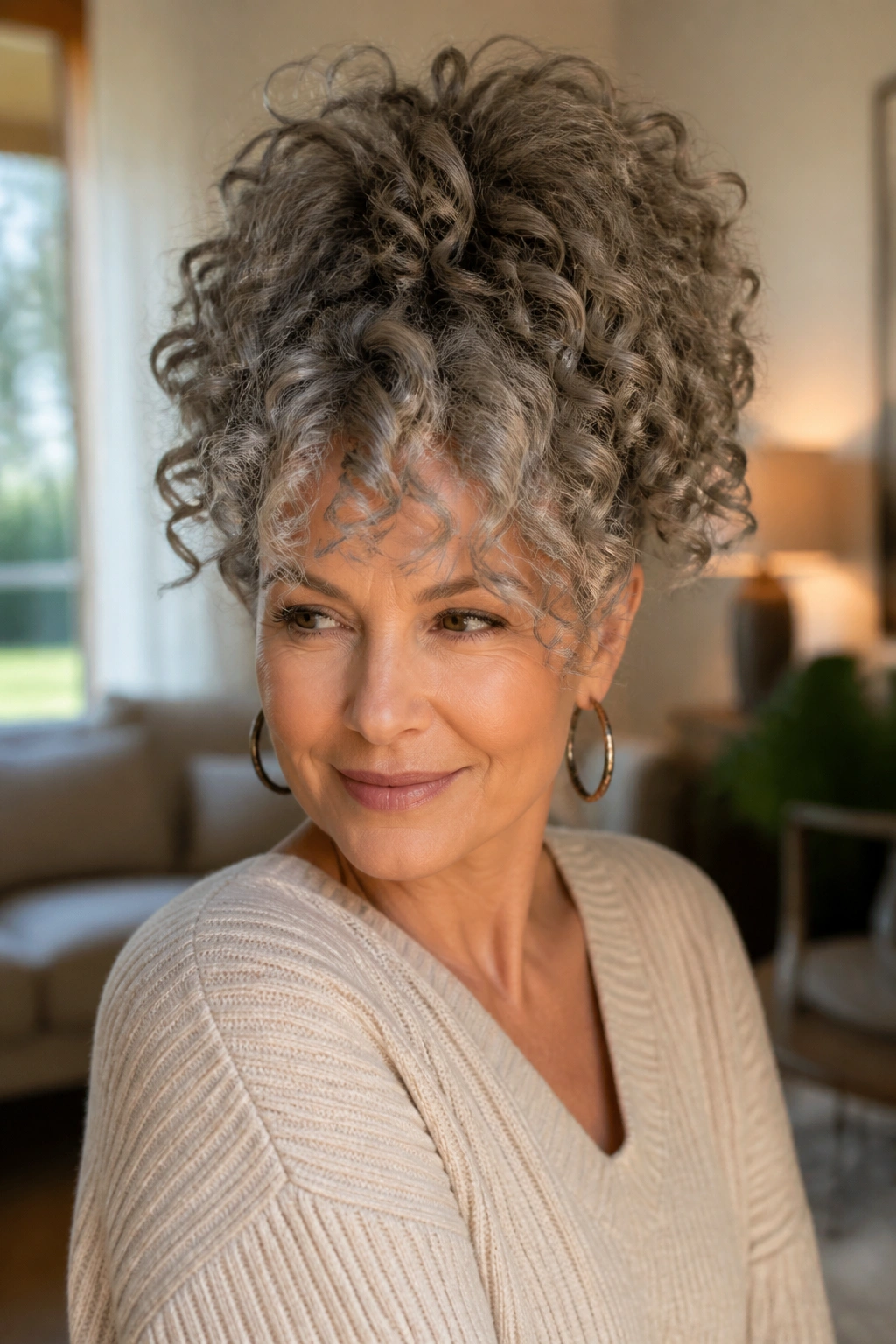 Portrait of a real woman with a high pineapple ponytail and curling ends.