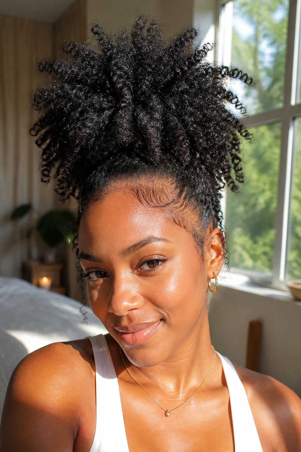 Close-up of a real woman with a pineapple ponytail showing natural texture