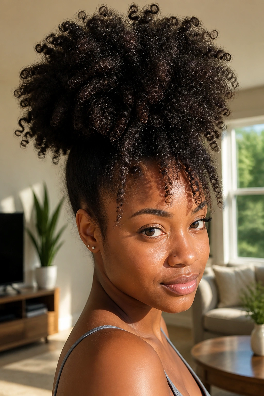 Close-up of The Pineapple Puff hairstyle on a real woman, high crown puff with loose ends